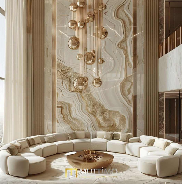 Circular Luxury in a  Marble-Framed Lounge