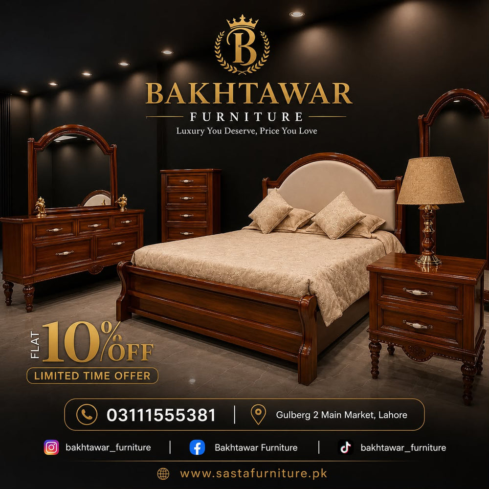 Classic Bedroom Set – Cherry Wood Finish with Upholstered Headboard